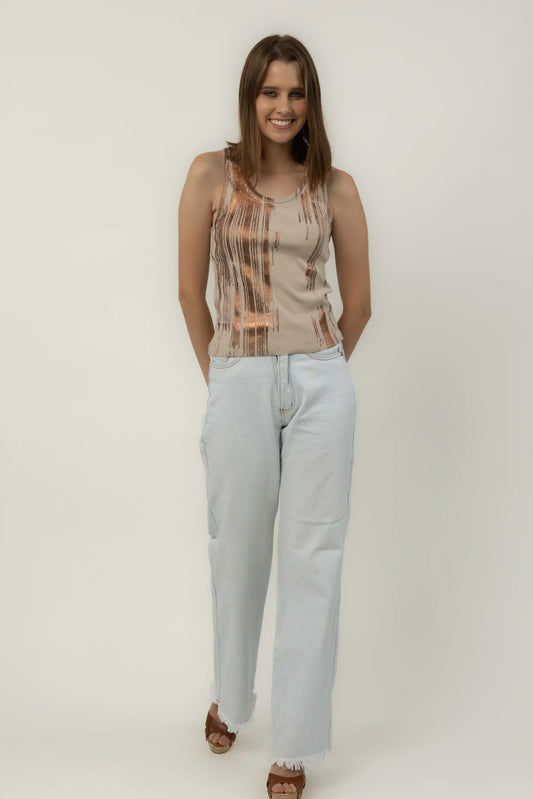 Foil Print Ribbed Tank Top (Cream)